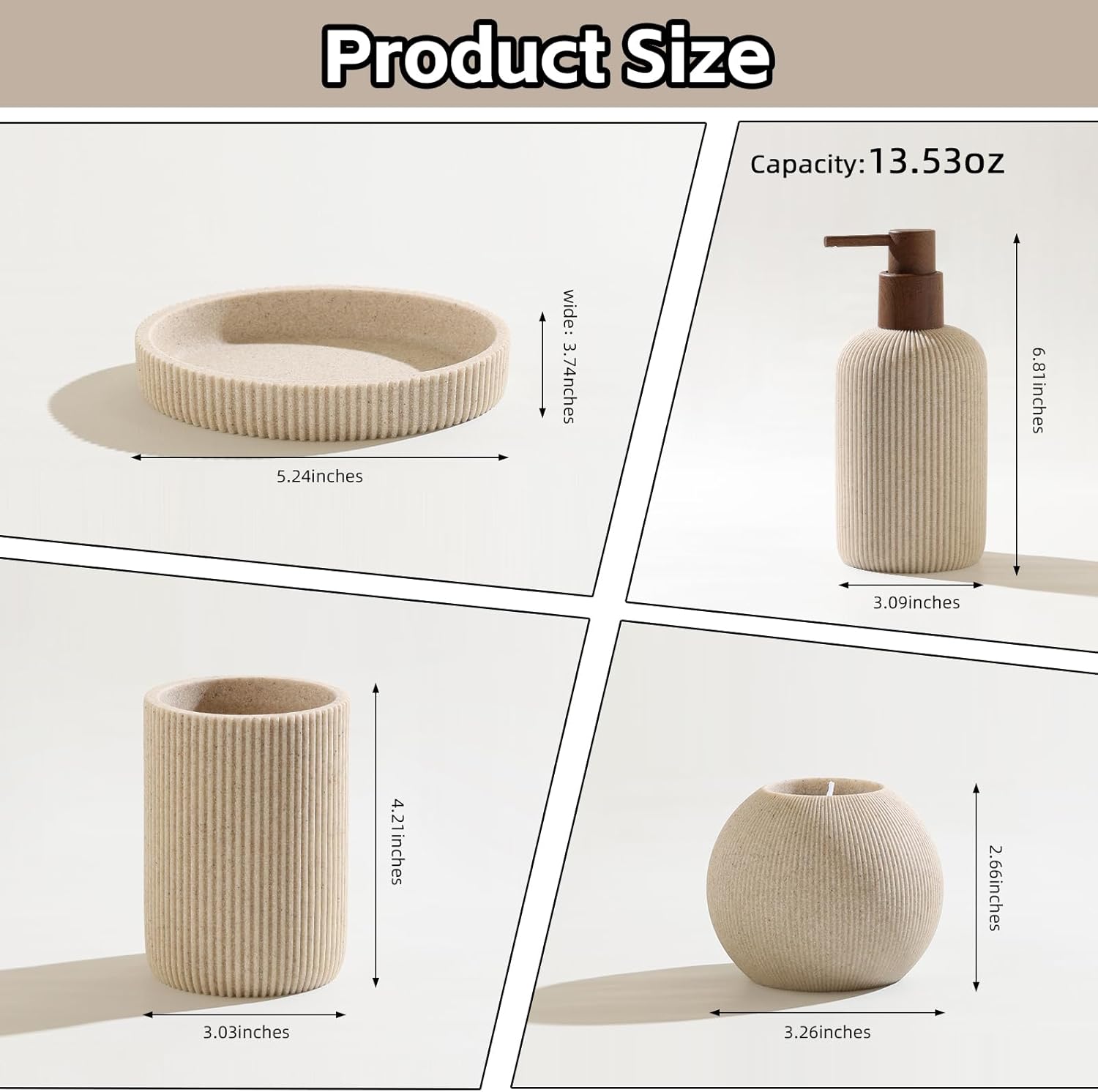 Bathroom Accessories Set, 5 PCS Sandstone Look Stripe Modern Bath Organizer with Soap Dispenser, Toothbrush Holder, Tumbler, Soap Dish, Candle Holder for Countertop Kitchen Sink (Beige)