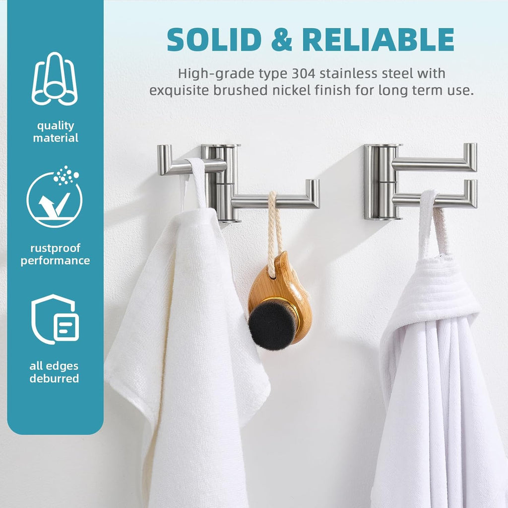 Angle Simple Swivel Towel Double Hook 2 Pack, Brushed Nickel 304 Stainless Steel Bathroom Robe Hook