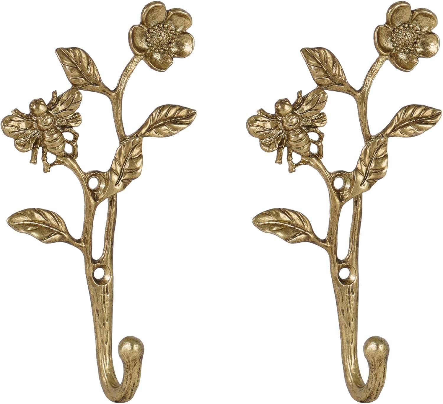 SOFFEE DESIGN 2pcs Metal Dark Gold Coat Hooks with 3D Bee & Flowers Shape, for Entryway, Bathroom, Bedroom Farmhouse Decoration