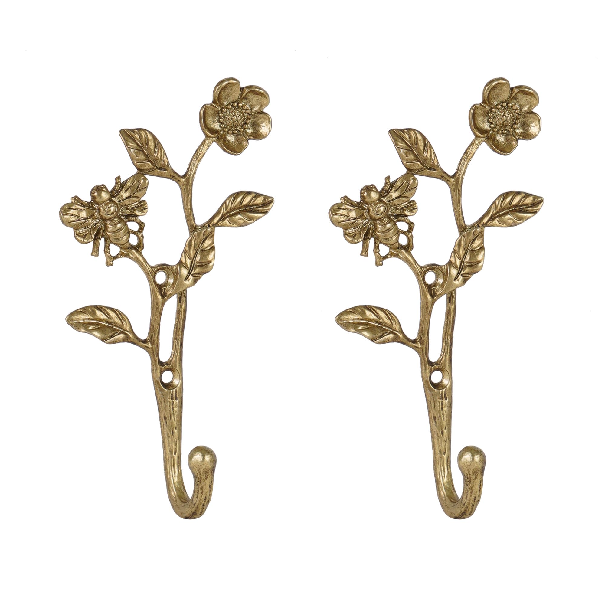 SOFFEE DESIGN 2pcs Metal Dark Gold Coat Hooks with 3D Bee & Flowers Shape, for Entryway, Bathroom, Bedroom Farmhouse Decoration