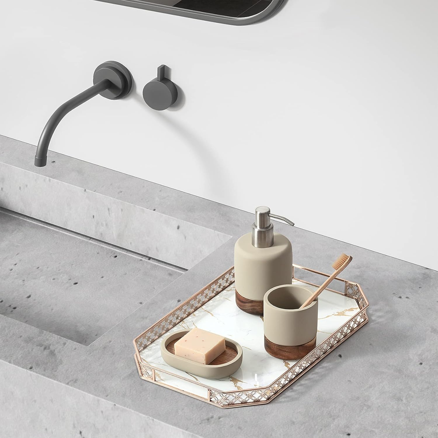 Bathroom Accessories Set 3 Piece Bath Ensemble Includes Soap Dispenser, Tumbler, Dish for Decorative Countertop & Housewarming Gift (Concrete with Acacia Wood)