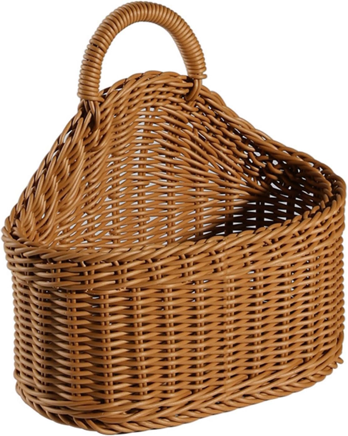 Hanging Woven Rattan Basket - Wall-Mounted Storage Rack with Hook, Plastic Wicker Baskets for Organizing Kitchen Bathroom Bedroom, Fantastic Small Hanging Basket for Home Decor Brown