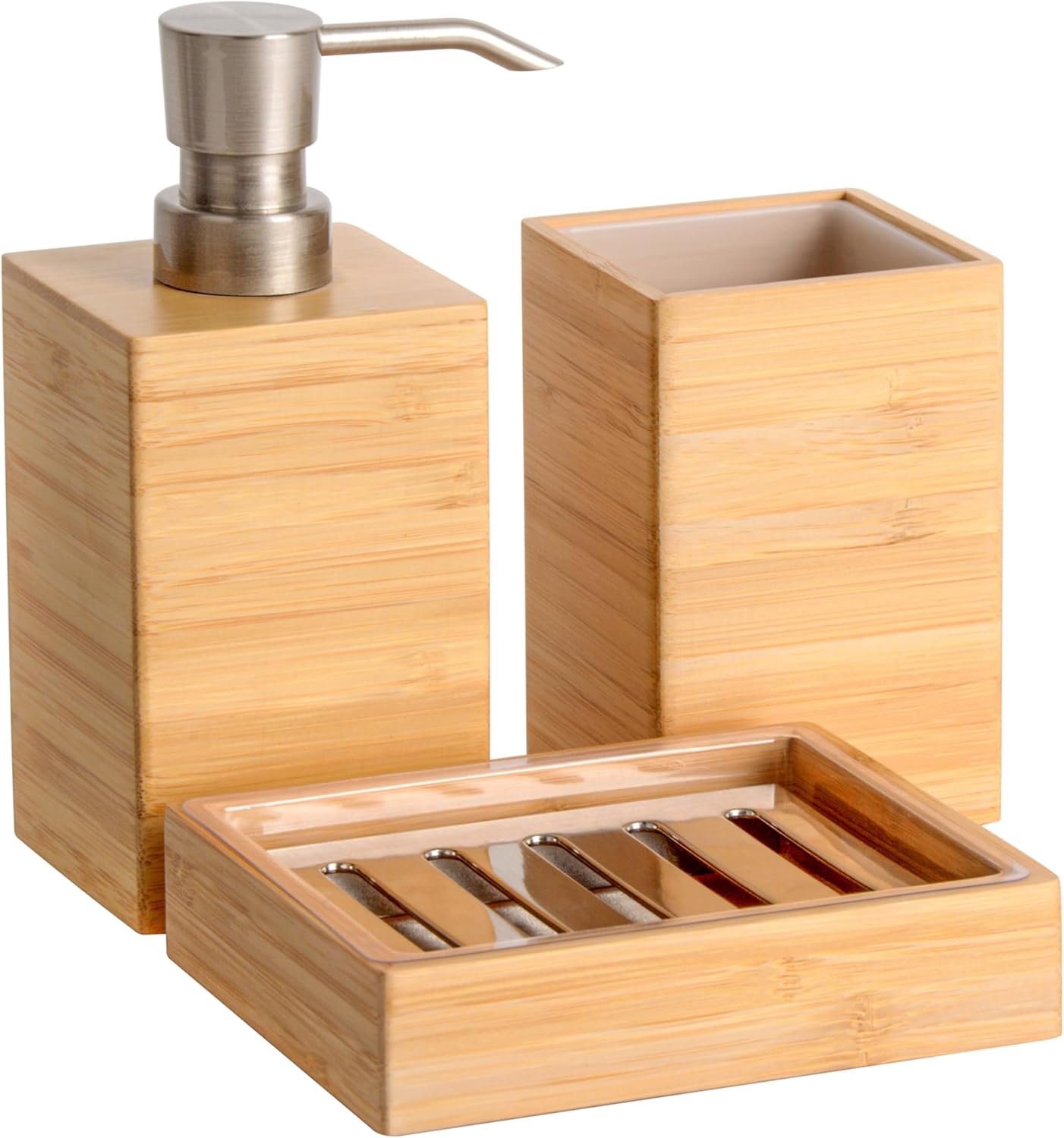 Clasin Home Bamboo Bathroom Accessories Set, 3 Pcs Wood Bathroom Accessories Soap Dispenser, Toothbrush Holder, Soap Dish, Kitchen Soap Dispenser Set for Home Decor, Housewarming Gift