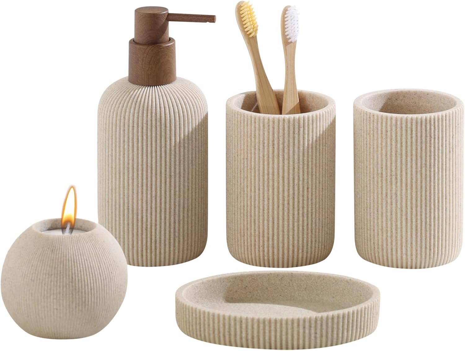 Bathroom Accessories Set, 5 PCS Sandstone Look Stripe Modern Bath Organizer with Soap Dispenser, Toothbrush Holder, Tumbler, Soap Dish, Candle Holder for Countertop Kitchen Sink (Beige)