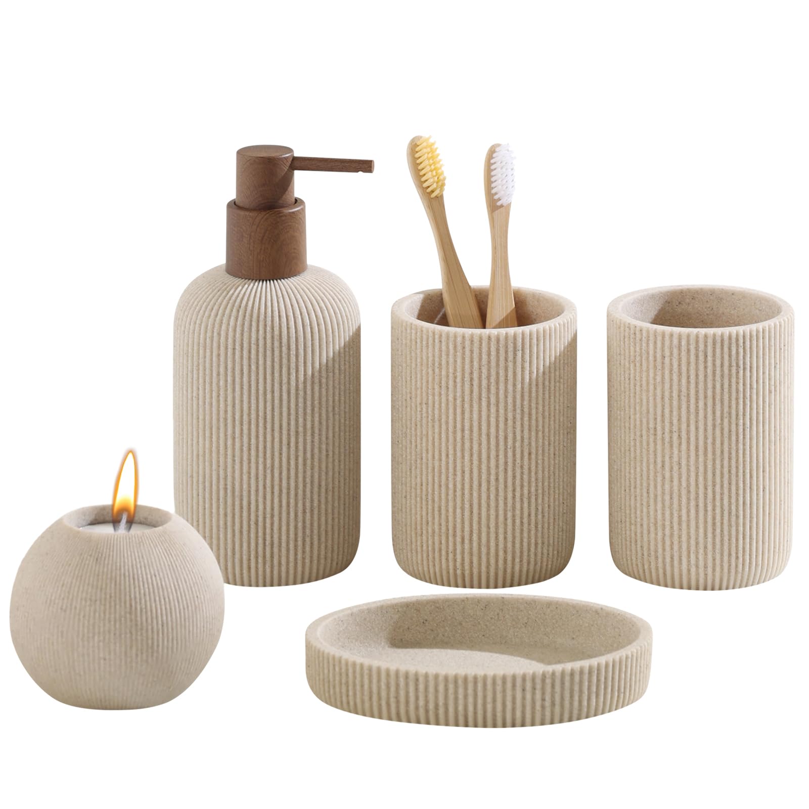 Bathroom Accessories Set, 5 PCS Sandstone Look Stripe Modern Bath Organizer with Soap Dispenser, Toothbrush Holder, Tumbler, Soap Dish, Candle Holder for Countertop Kitchen Sink (Beige)