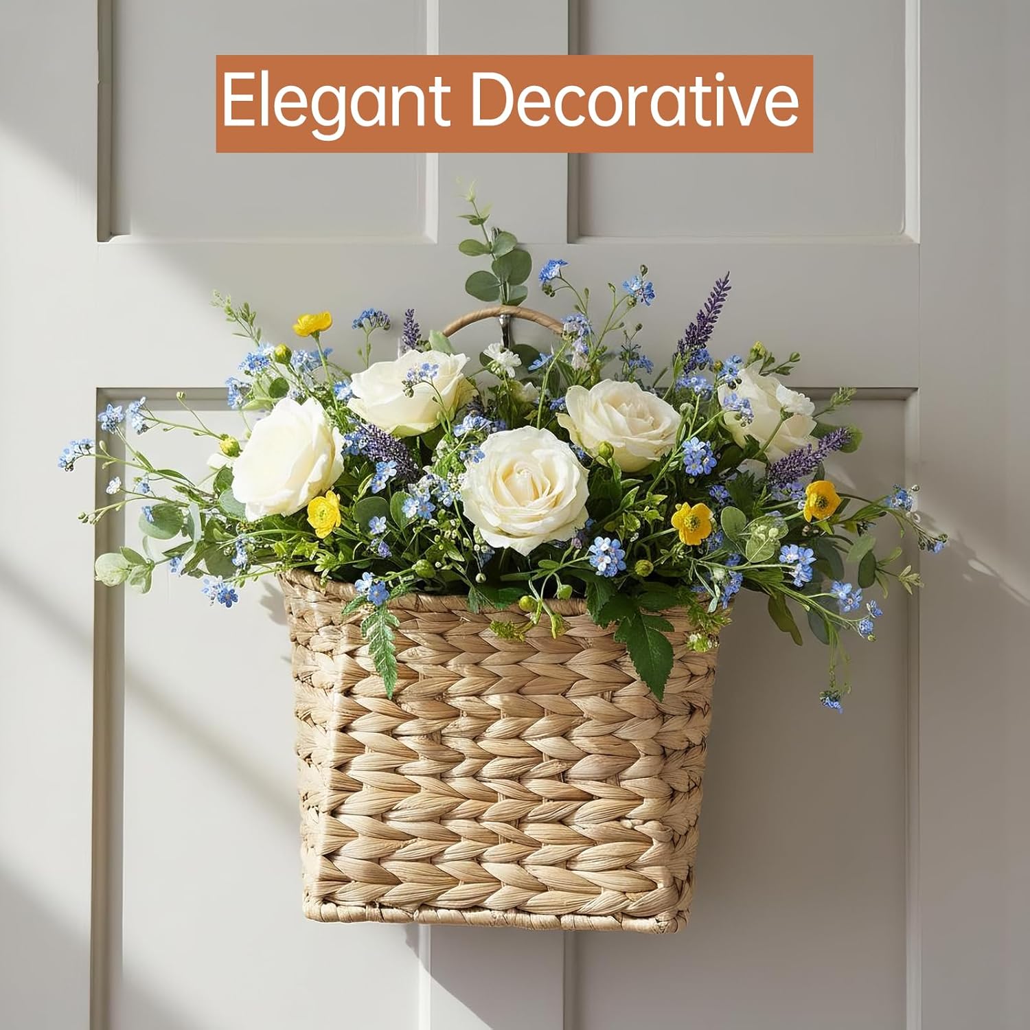 Coeusy Wicker Hanging Basket,Woven Hanging Wall Basket for Organizing and Decor,Natural Water Hyacinth Wall Mounted Storage Baskets for Farmhouse Home,Door,Entryway,Flower,Mail,Plant,Set of 2