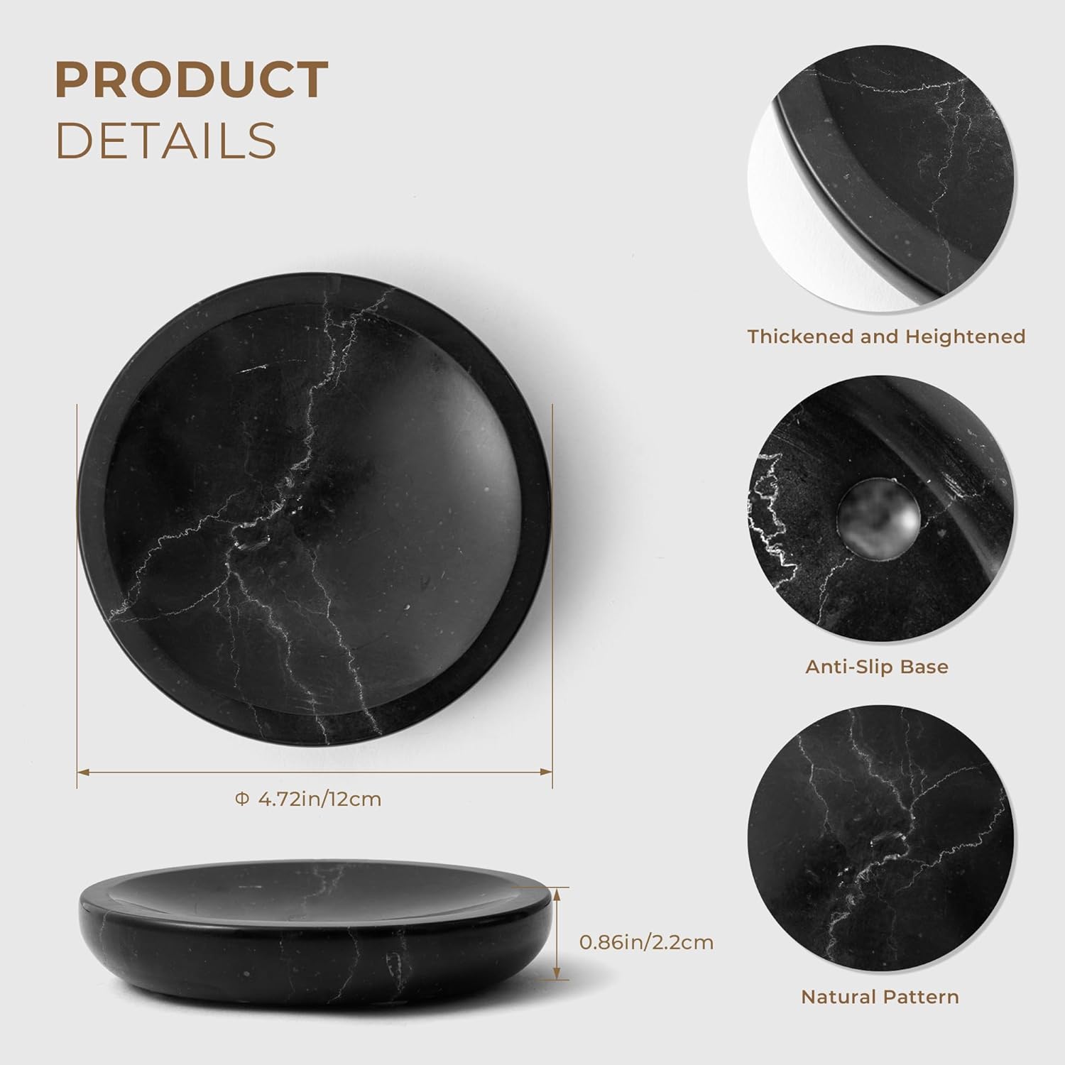 WORHE Marble Soap Dish Italy Natural Stone Sponge Holder for Bathroom Tub Shower Kitchen Sink, Handcraft Round Soap Case Organizer Trinket Plate Jewelry Tray Coaster for Home Decor Black (DL007)