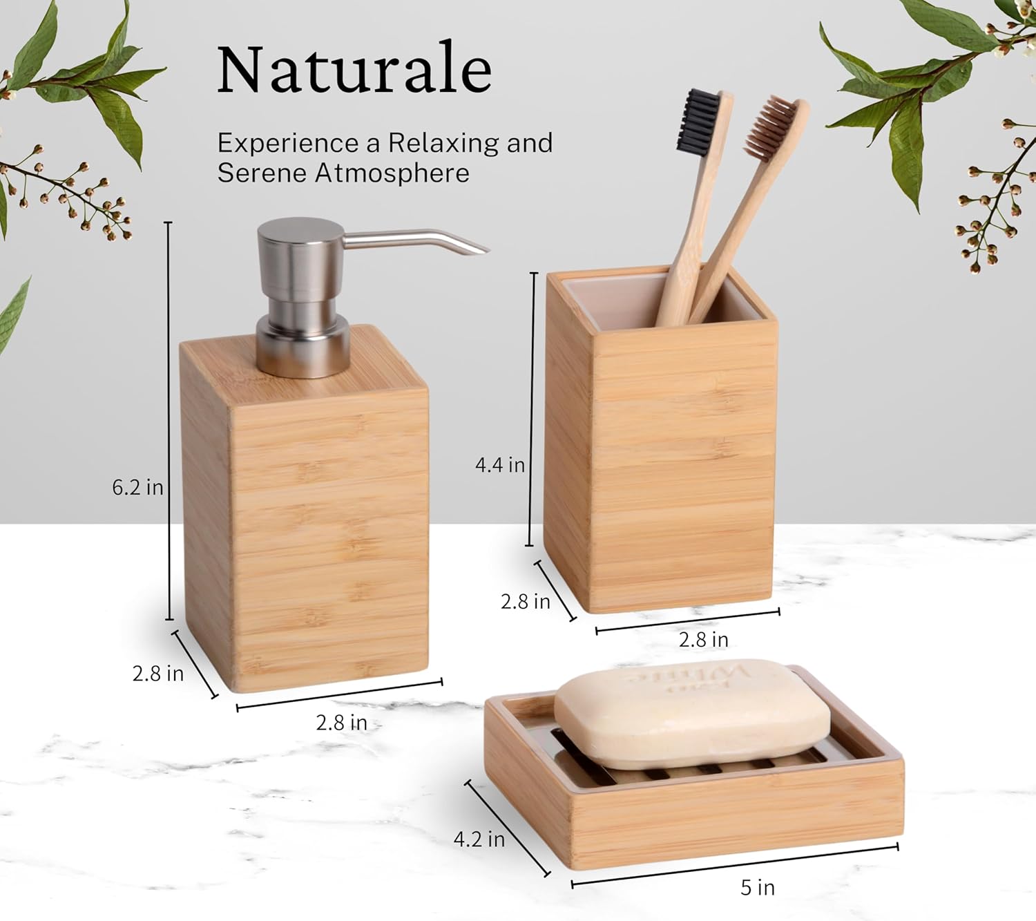 Clasin Home Bamboo Bathroom Accessories Set, 3 Pcs Wood Bathroom Accessories Soap Dispenser, Toothbrush Holder, Soap Dish, Kitchen Soap Dispenser Set for Home Decor, Housewarming Gift