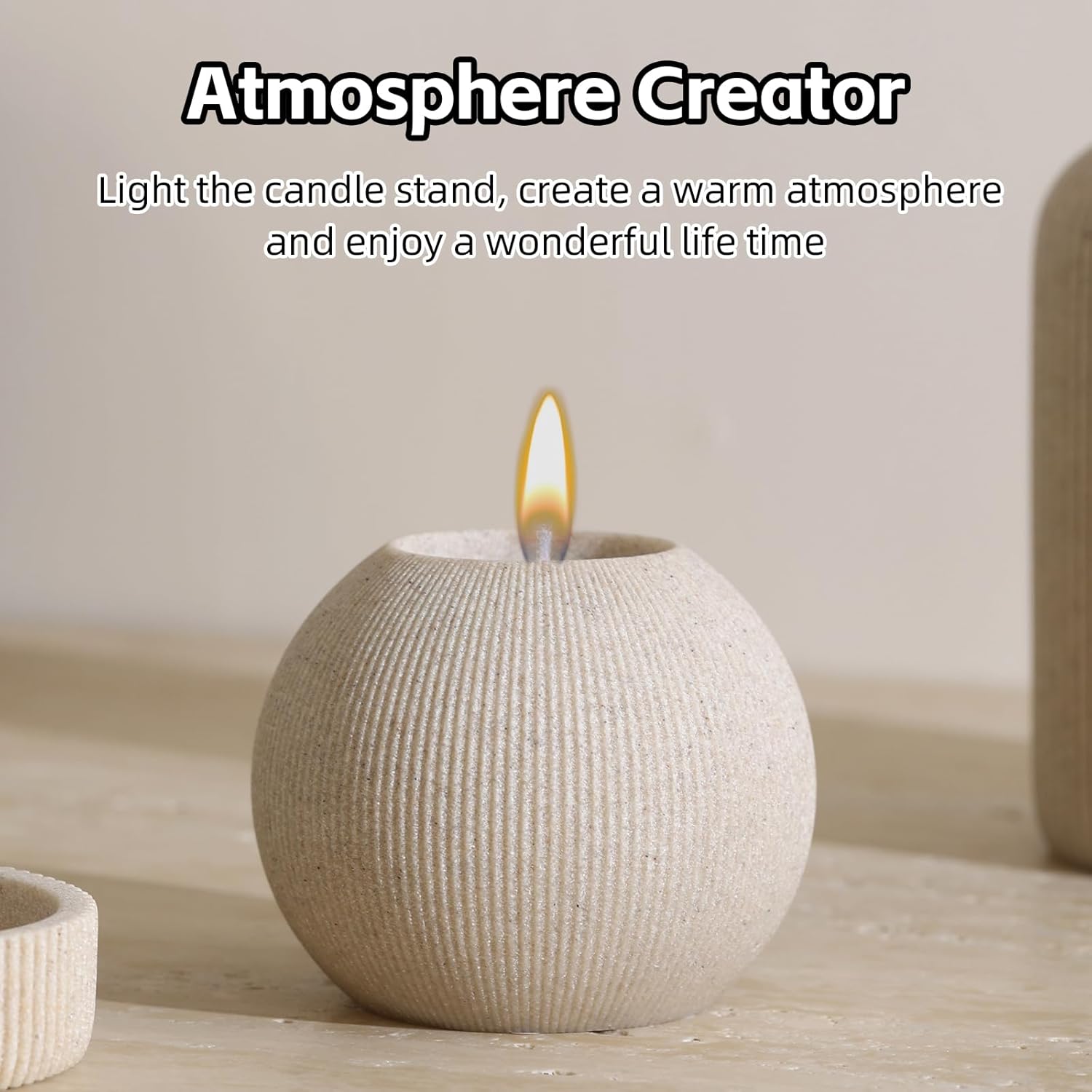 Bathroom Accessories Set, 5 PCS Sandstone Look Stripe Modern Bath Organizer with Soap Dispenser, Toothbrush Holder, Tumbler, Soap Dish, Candle Holder for Countertop Kitchen Sink (Beige)