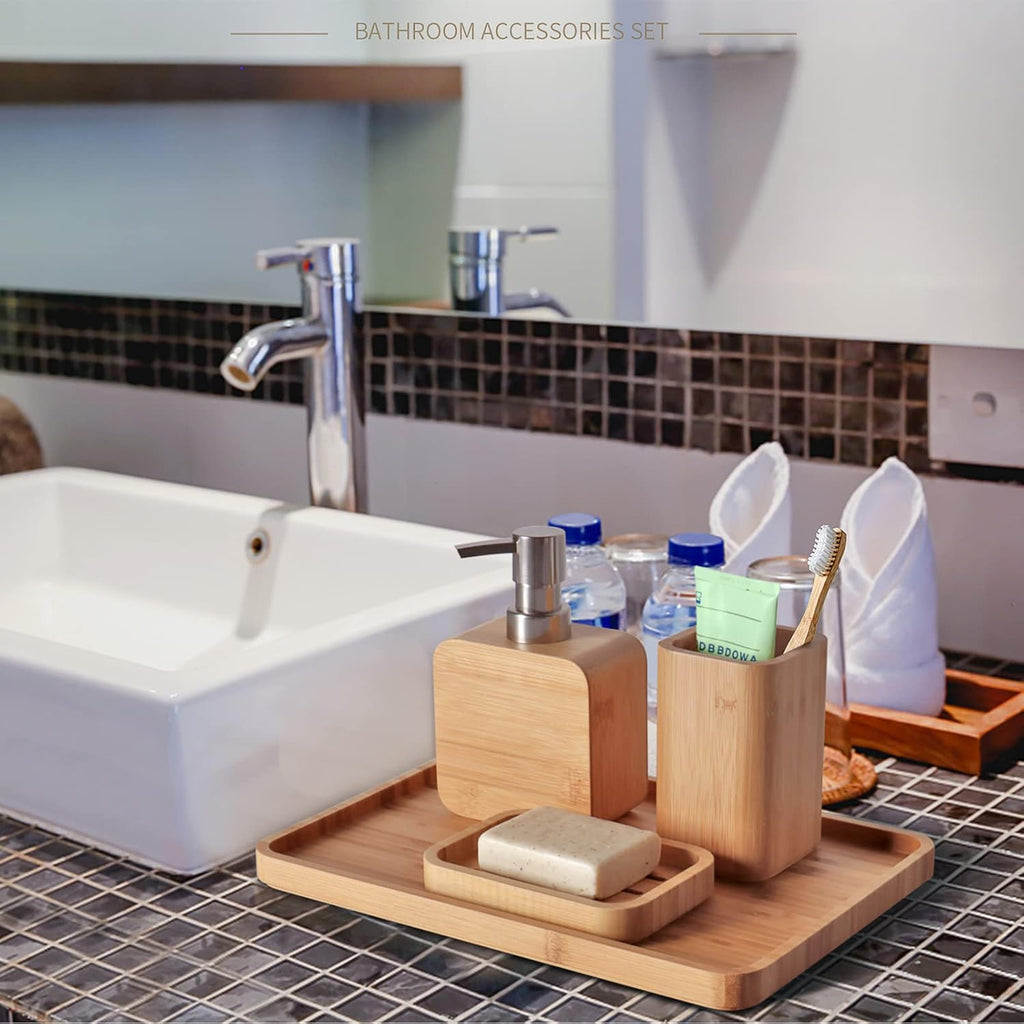 4Pcs Handmade Bamboo Sink & Bathroom Accessories Set Retro Set, Natural, Soap Dish Holder for Shower, Lotion Soap Dispenser, Mouthwash Cup, Rinse Cup, Organiser Tray for Hotel, House, Office
