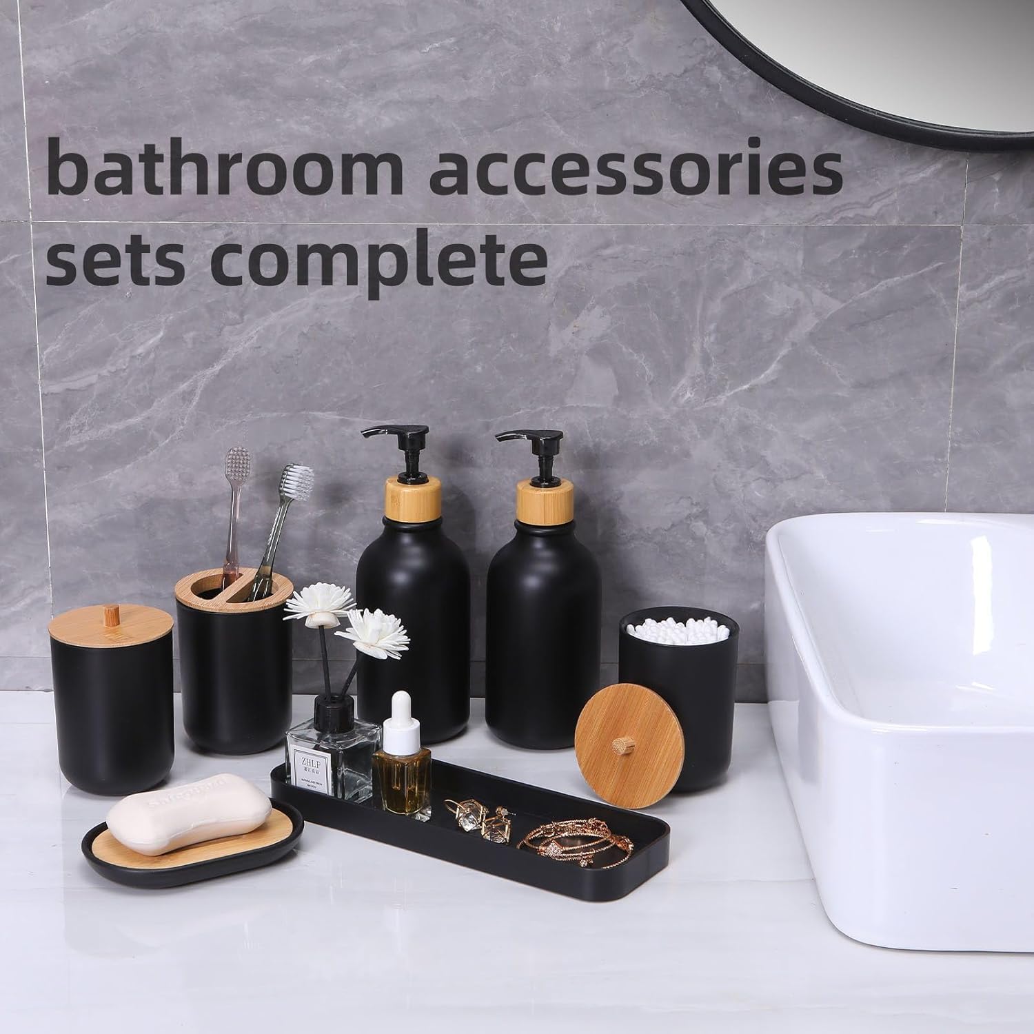 Matte Black Bathroom Accessories Set 9PCS,Bamboo Bathroom Accessories Sets Complete with Trash Can,Soap Dispenser and Toothbrush Holder Set,Toilet Brush,Qtip Holder,Vanity Tray,Soap Dish