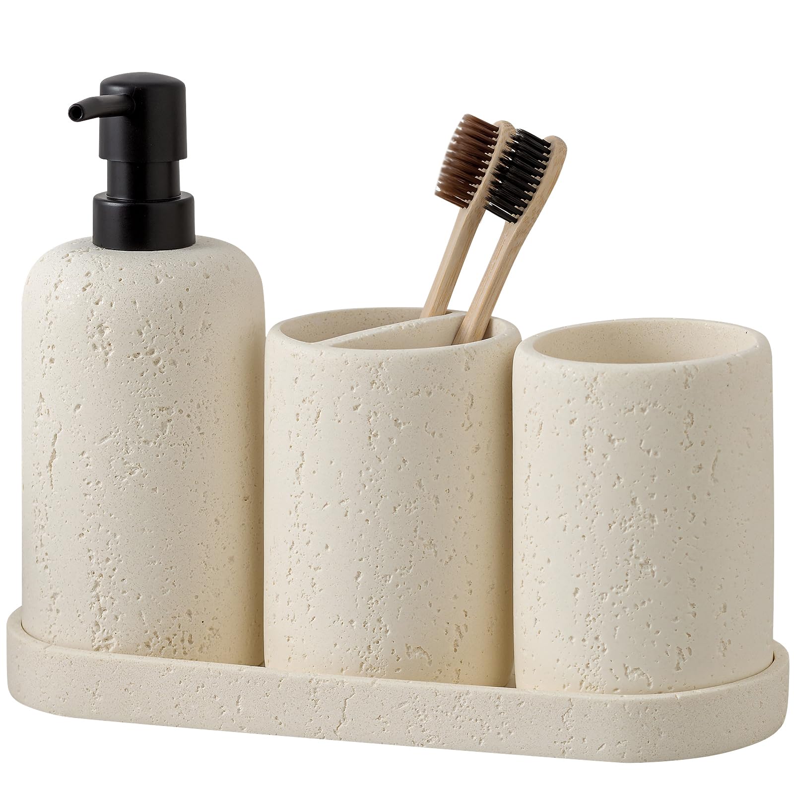 Bathroom Accessories Set, 5 PCS Sandstone Look Stripe Modern Bath Organizer with Soap Dispenser, Toothbrush Holder, Tumbler, Soap Dish, Candle Holder for Countertop Kitchen Sink (Beige)