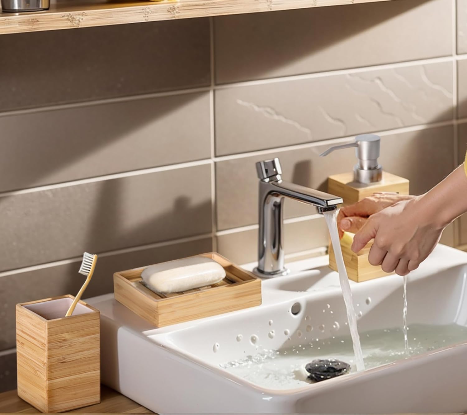 Clasin Home Bamboo Bathroom Accessories Set, 3 Pcs Wood Bathroom Accessories Soap Dispenser, Toothbrush Holder, Soap Dish, Kitchen Soap Dispenser Set for Home Decor, Housewarming Gift