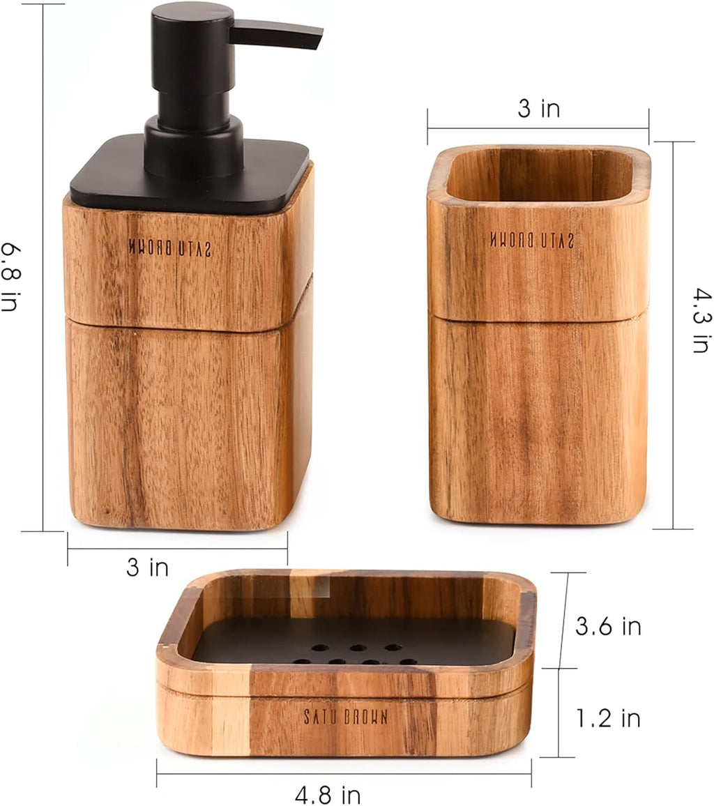 Bathroom Accessories Set 3 Piece Bath Ensemble Includes Soap Dispenser, Bathroom Tumbler, Soap Dish Accessories for Decorative Countertop and Housewarming Gift,Acacia Wood