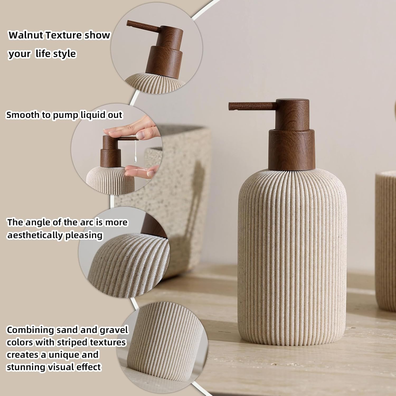 Bathroom Accessories Set, 5 PCS Sandstone Look Stripe Modern Bath Organizer with Soap Dispenser, Toothbrush Holder, Tumbler, Soap Dish, Candle Holder for Countertop Kitchen Sink (Beige)