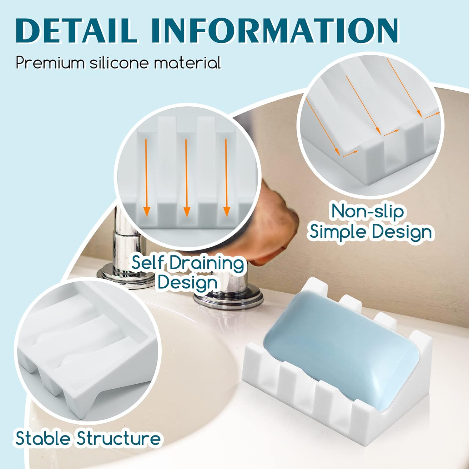 Silicone Soap Dish for Bar Soap Holder for Shower Bathroom Self Draining Waterfall Drying Tray Keep Soap Bars Dry Clean & Easy Cleaning (White, 2)