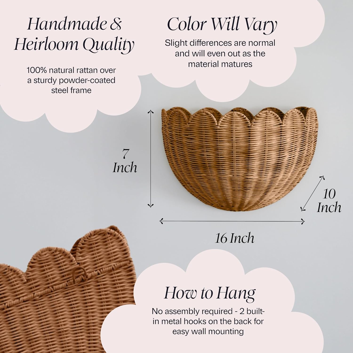 BEBE BASK Scalloped Wicker Hanging Basket - The Original Wicker Wall Decor - Hand Woven Wall Basket - Home Décor Wall Hanging Basket - Wall Storage Basket for Nursery, Living Room and Bathroom (Mocca)