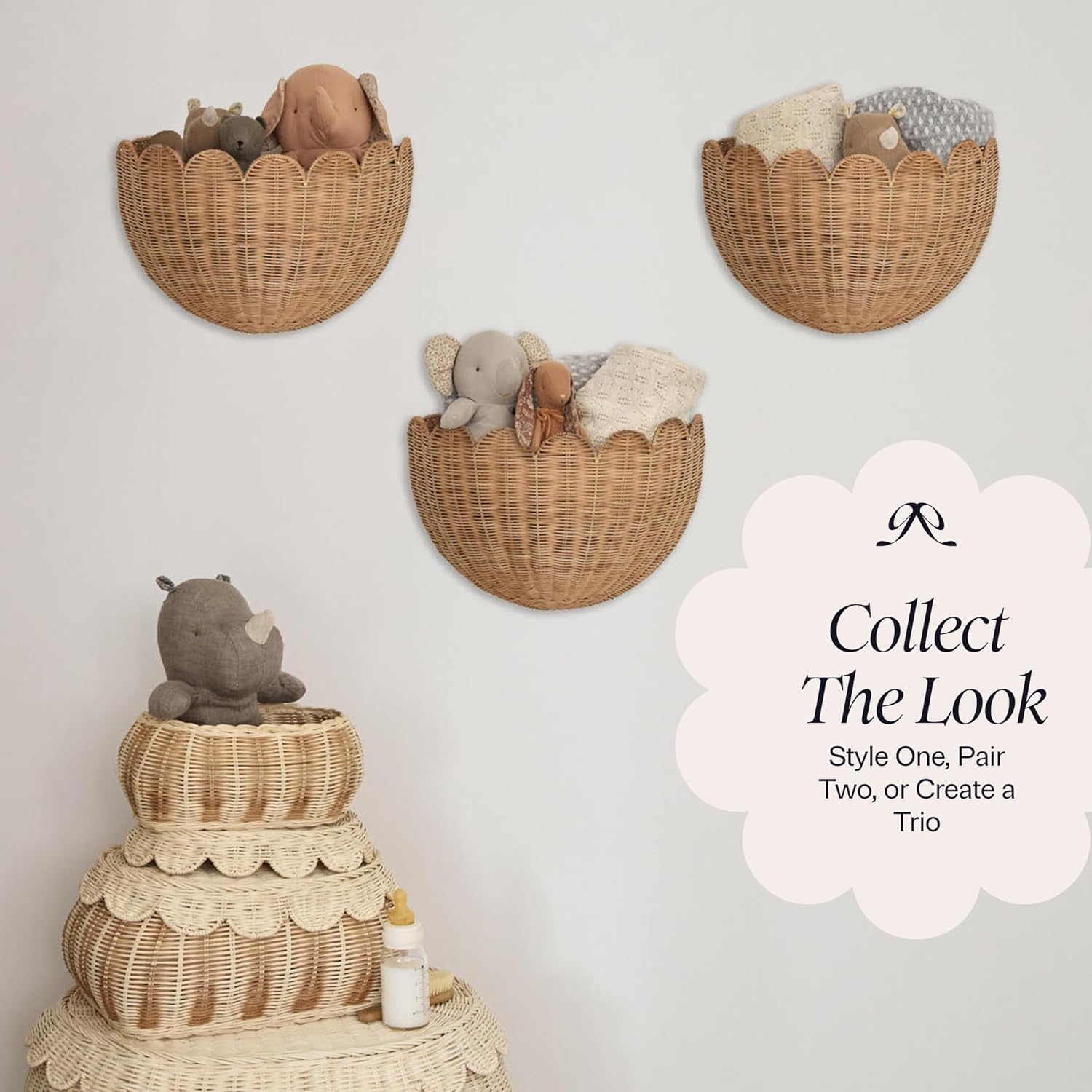 BEBE BASK Scalloped Wicker Hanging Basket - The Original Wicker Wall Decor - Hand Woven Wall Basket - Home Décor Wall Hanging Basket - Wall Storage Basket for Nursery, Living Room and Bathroom (Mocca)