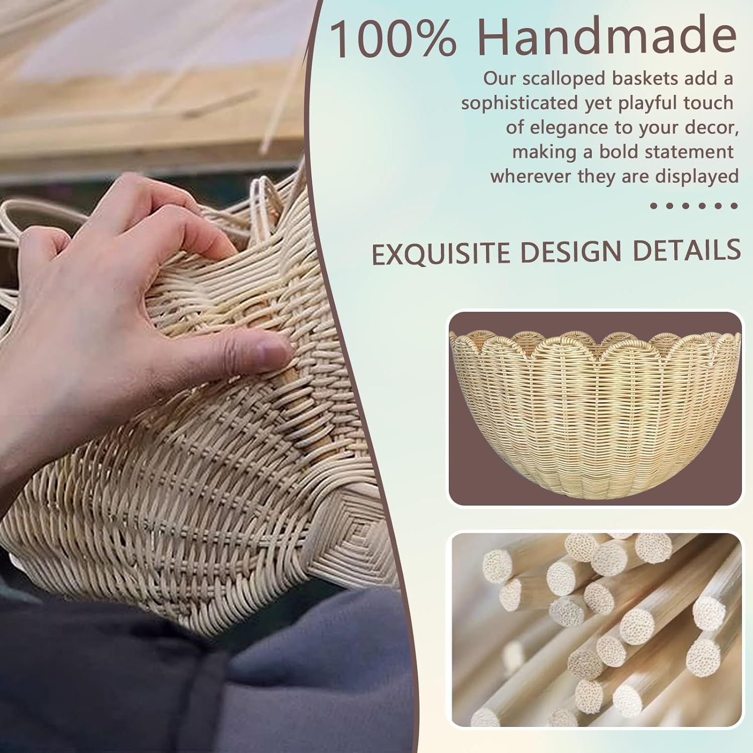 Scalloped Wall Basket, 2pcs Hand Woven Hanging Wicker Wall Baskets Set, Scalloped Rattan Wall Storage & Decor for Home, Bathroom, Kitchen, Living Room (16 x 12 x 7 & 14 x 8 x 6 Inch)