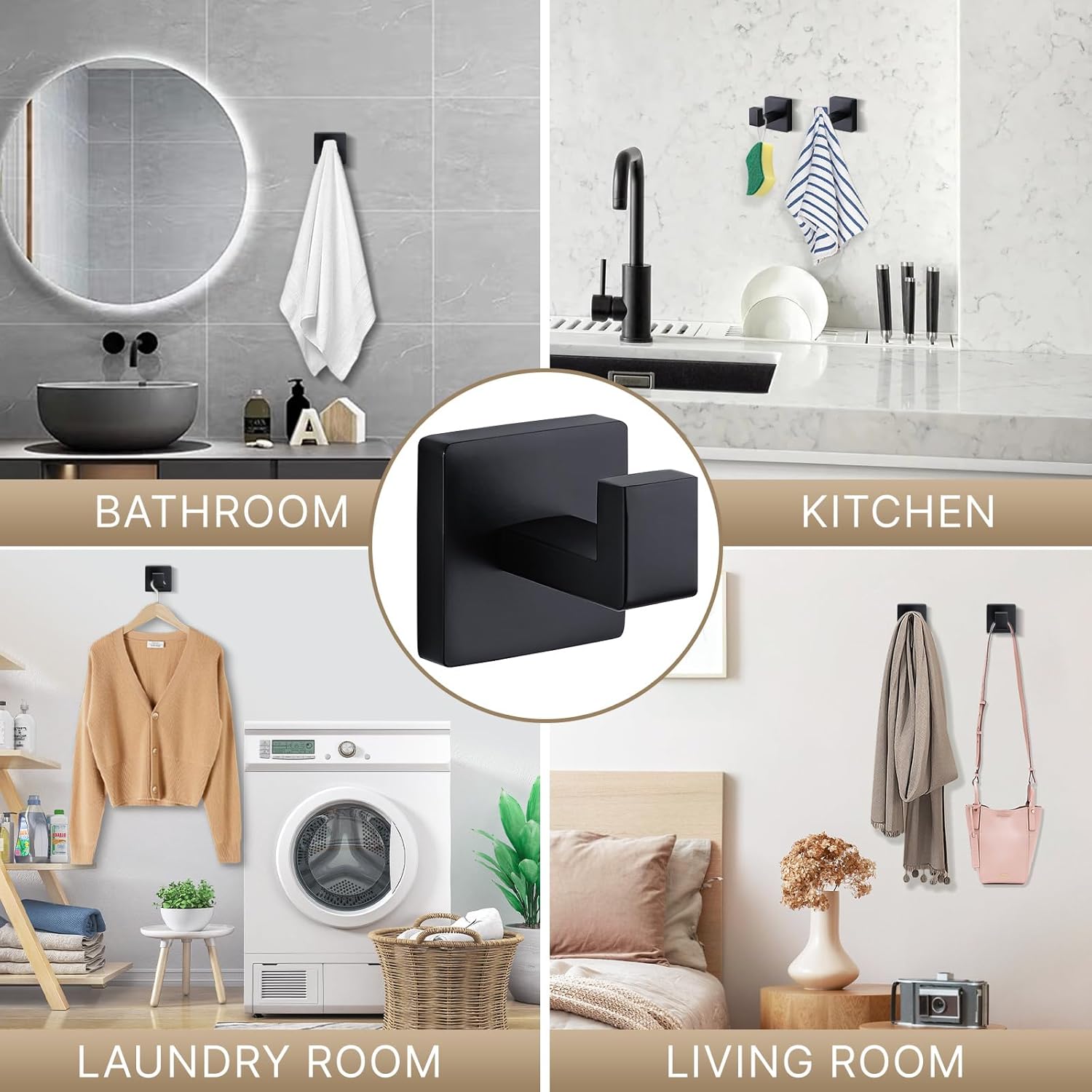 Towel Hooks for Bathrooms Robe Hook Coat Hook 4 Pack Matte Black Stainless Steel Heavy Duty Wall Mounted Square Hooks for Bathroom Kitchen Bedroom