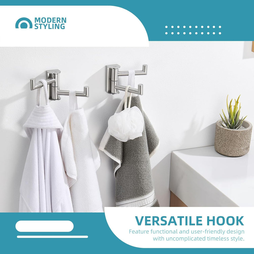 Angle Simple Swivel Towel Double Hook 2 Pack, Brushed Nickel 304 Stainless Steel Bathroom Robe Hook