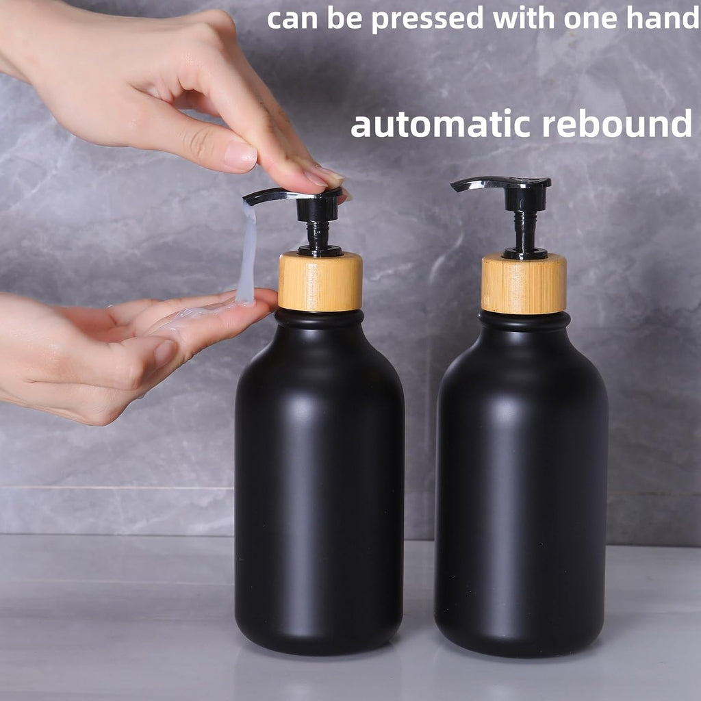 Matte Black Bathroom Accessories Set 9PCS,Bamboo Bathroom Accessories Sets Complete with Trash Can,Soap Dispenser and Toothbrush Holder Set,Toilet Brush,Qtip Holder,Vanity Tray,Soap Dish