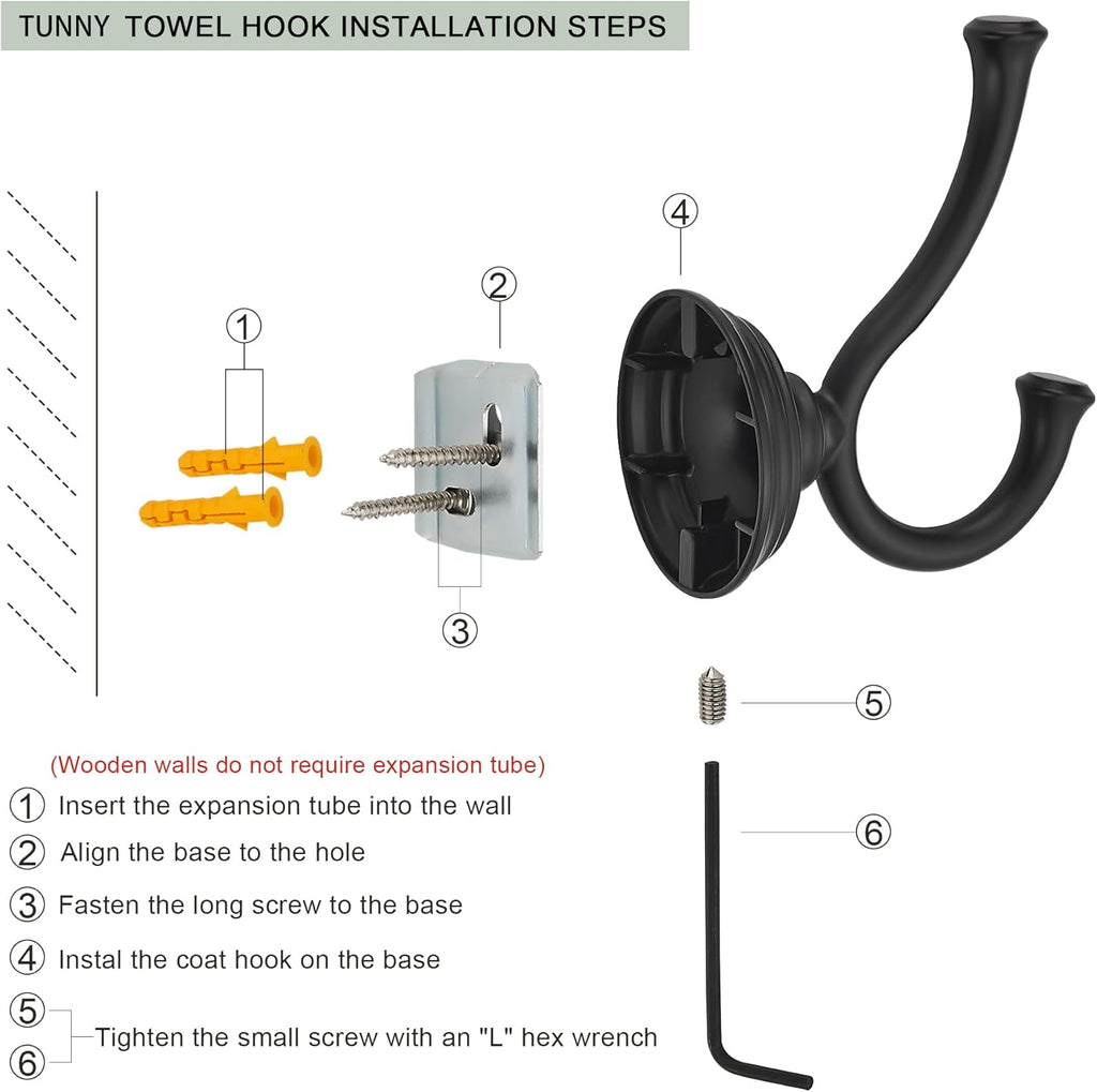 TUNNY Towel Hook Bathroom-2 Pack Matte Black Double Robe/Towel Hook Wall Mounted Hook for Bathroom Bedroom Kitchen