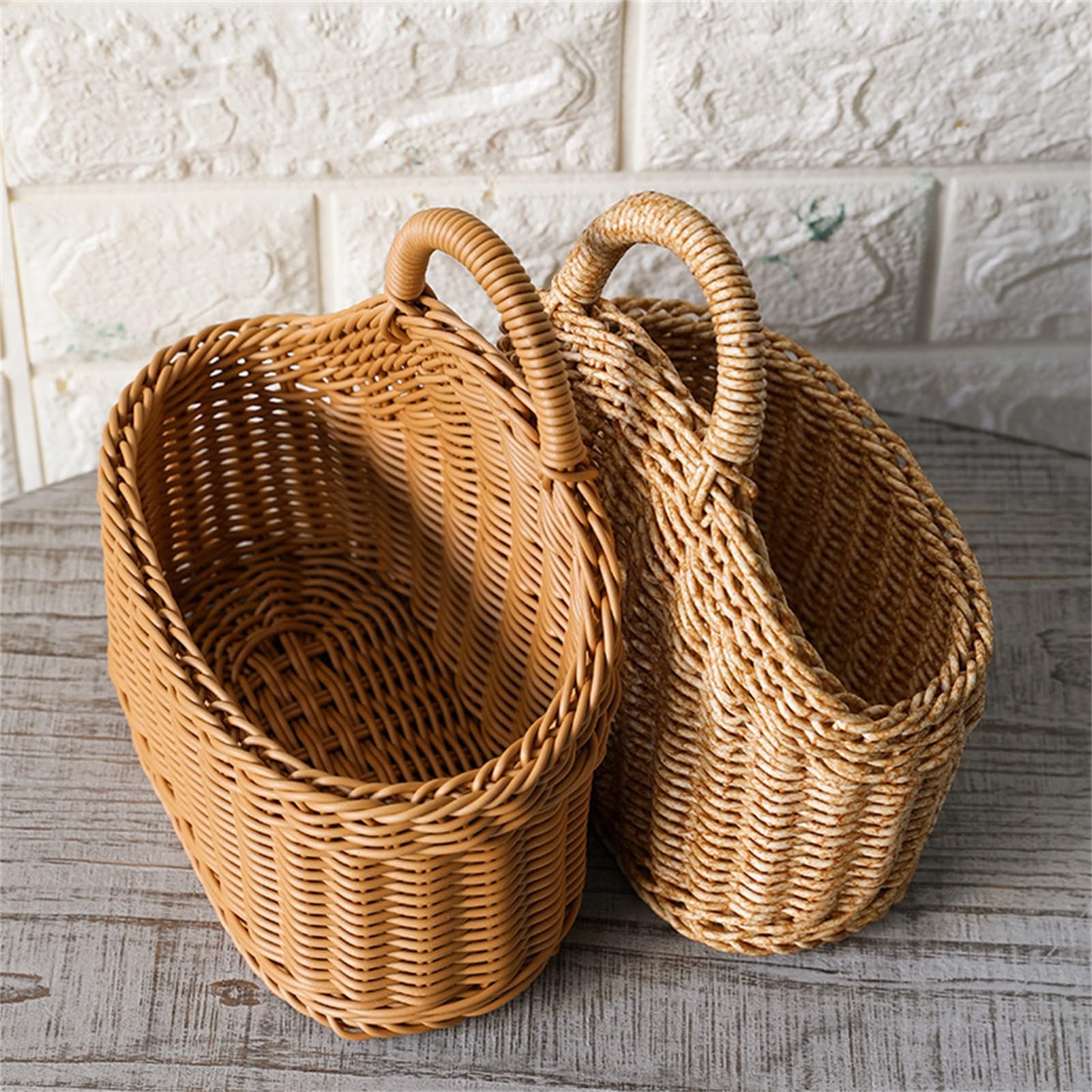 Hanging Woven Rattan Basket - Wall-Mounted Storage Rack with Hook, Plastic Wicker Baskets for Organizing Kitchen Bathroom Bedroom, Fantastic Small Hanging Basket for Home Decor Brown