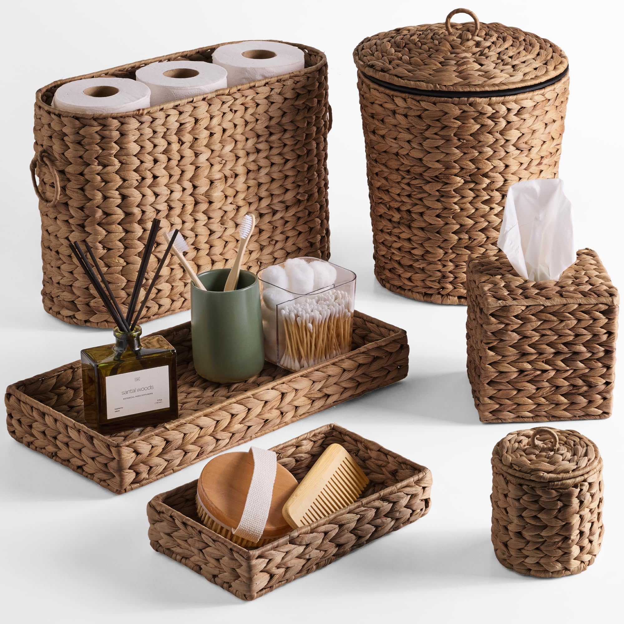 Best Choice Products 6PC Bathroom Accessories Set, Vanity Trays, qtip Canister, Square Tissue Box Cover, Small Wicker Trash Can, Toilet Paper Basket, Storage Organizer, Water Hyacinth - Chestnut