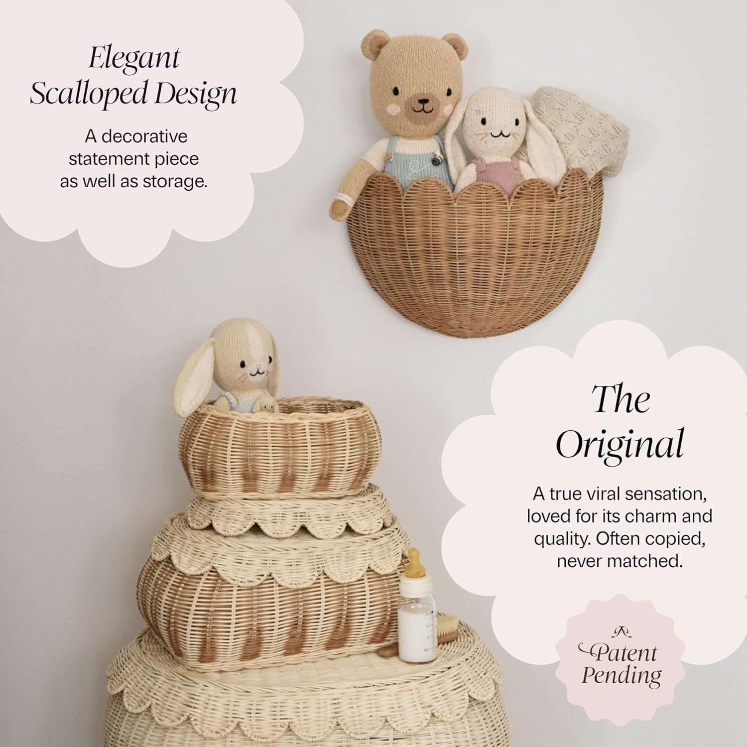 BEBE BASK Scalloped Wicker Hanging Basket - The Original Wicker Wall Decor - Hand Woven Wall Basket - Home Décor Wall Hanging Basket - Wall Storage Basket for Nursery, Living Room and Bathroom (Mocca)