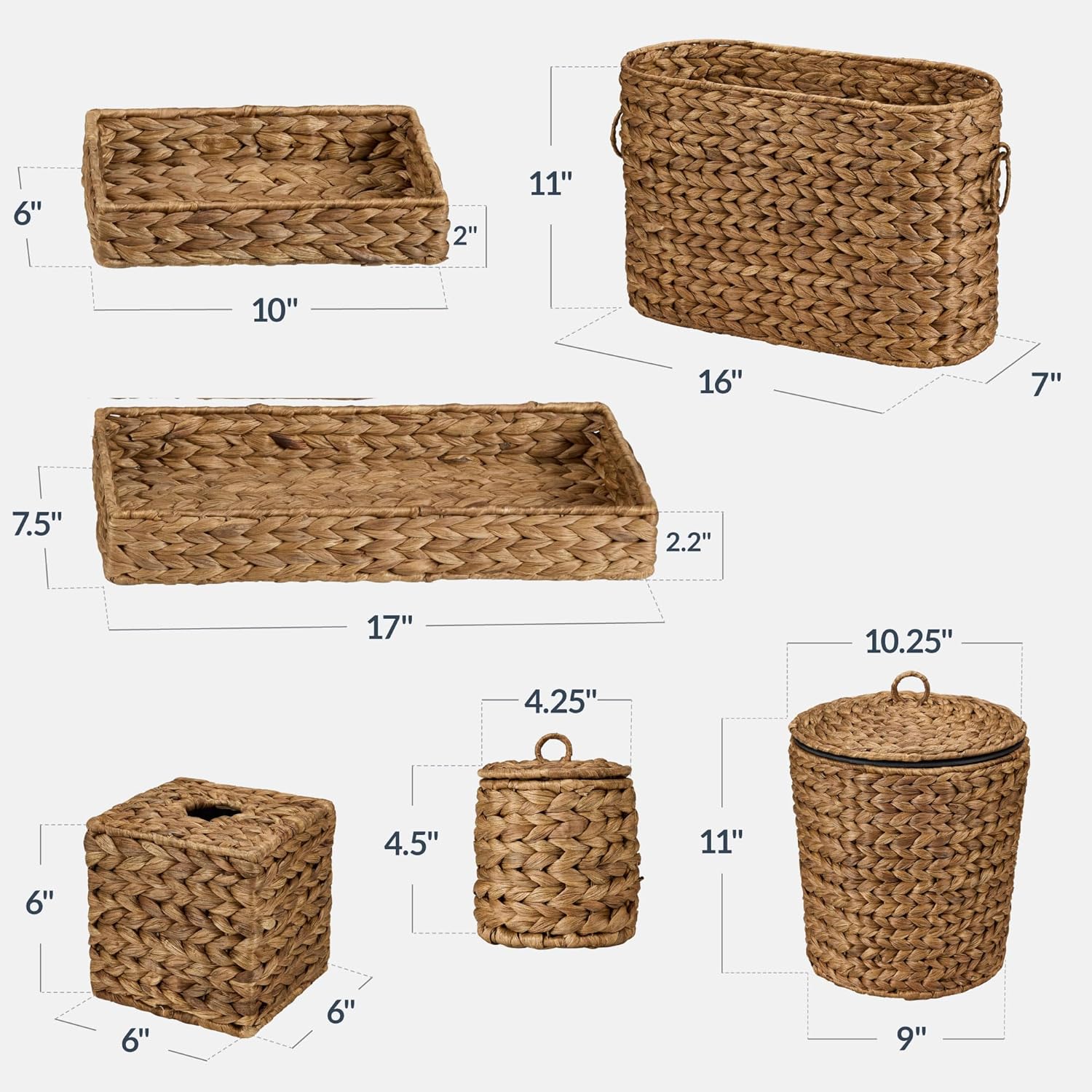 Best Choice Products 6PC Bathroom Accessories Set, Vanity Trays, qtip Canister, Square Tissue Box Cover, Small Wicker Trash Can, Toilet Paper Basket, Storage Organizer, Water Hyacinth - Chestnut