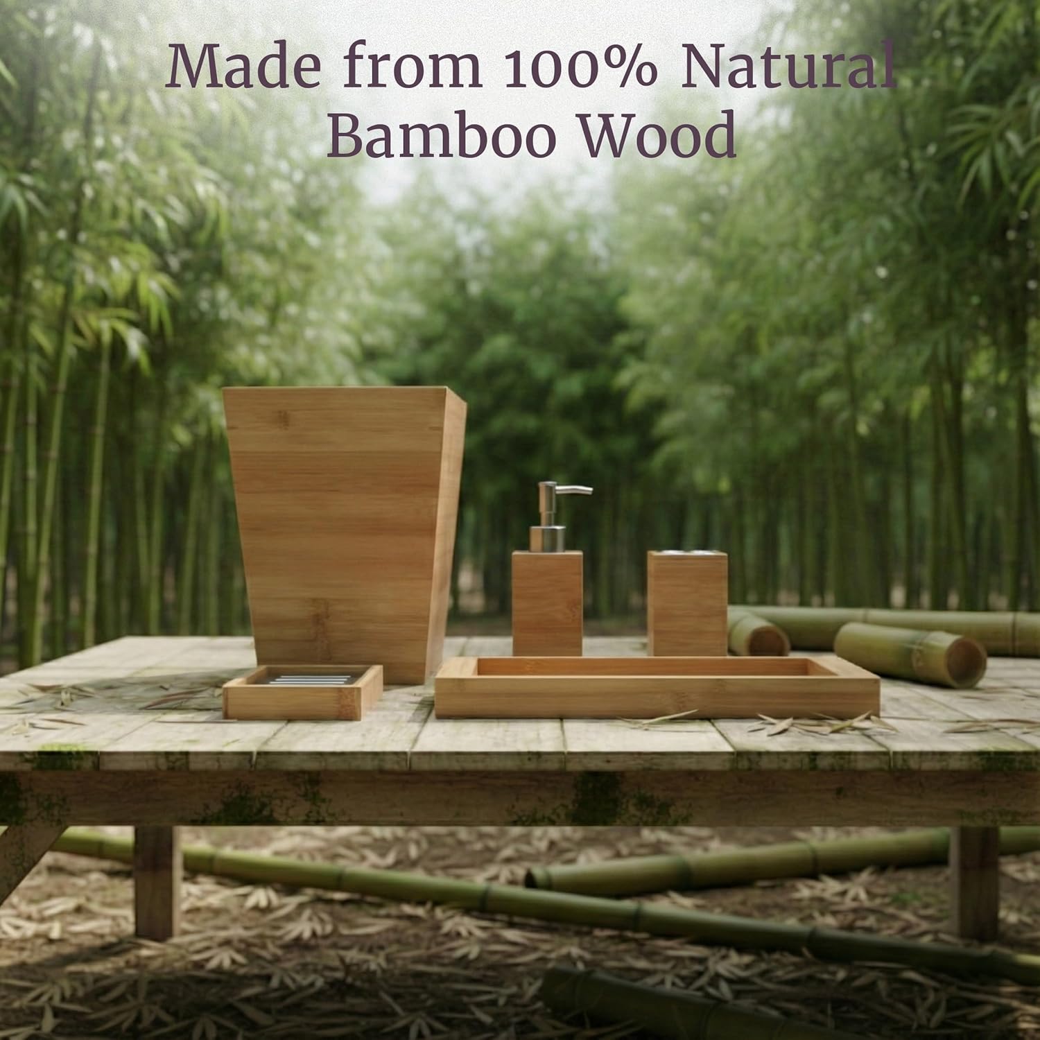 5-Piece Bathroom Decor Set - Bamboo Vanity Accessories with Trash Bin, Soap Dish, Soap Dispenser, Toothbrush Holder, and Tray by Lavish Home (Natural)