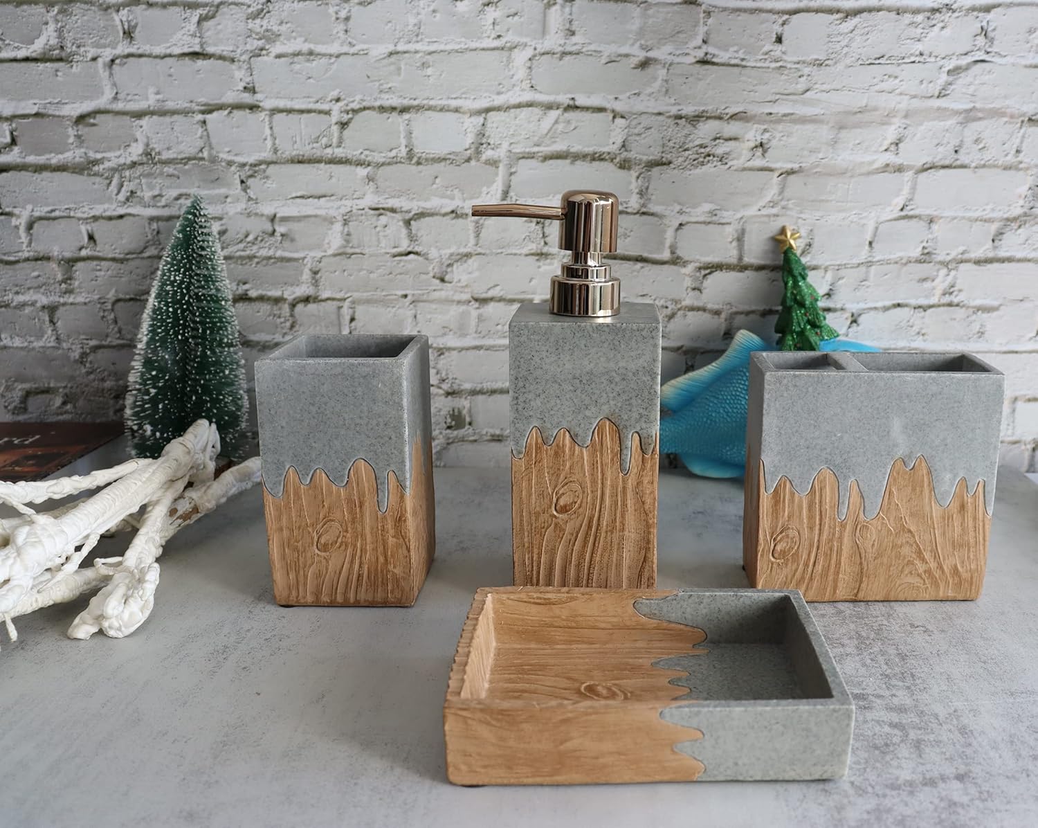 Hymmah Bathroom Accessories Set,Wooden Design Toothbrush Holder,Farmhouse Bathroom Decor,4 Pcs Resin Gift Set Apartment Necessities, Contain Toothbrush Cup,Soap Dispenser,Soap Dish,Tumbler