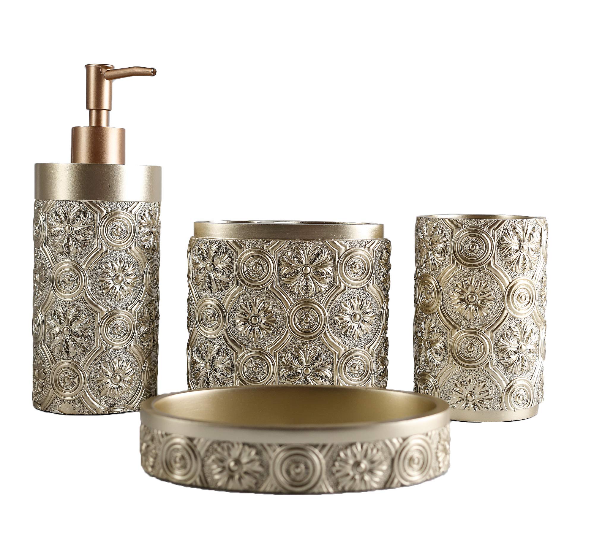 Hymmah Bathroom Accessories Set,Wooden Design Toothbrush Holder,Farmhouse Bathroom Decor,4 Pcs Resin Gift Set Apartment Necessities, Contain Toothbrush Cup,Soap Dispenser,Soap Dish,Tumbler