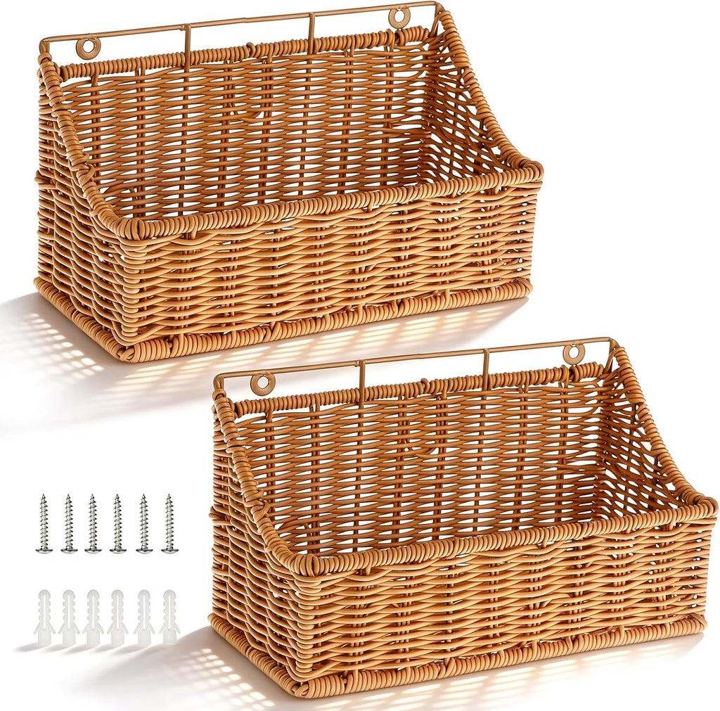 OwnMy 2PCS Plastic Wicker Hanging Basket Wall Mount Storage Baskets for Kitchen Organizing Fruit, Onion, Potato, Vegetable, Hanging Fruit Baskets for Kitchen Counter/Pantry/Cabinet