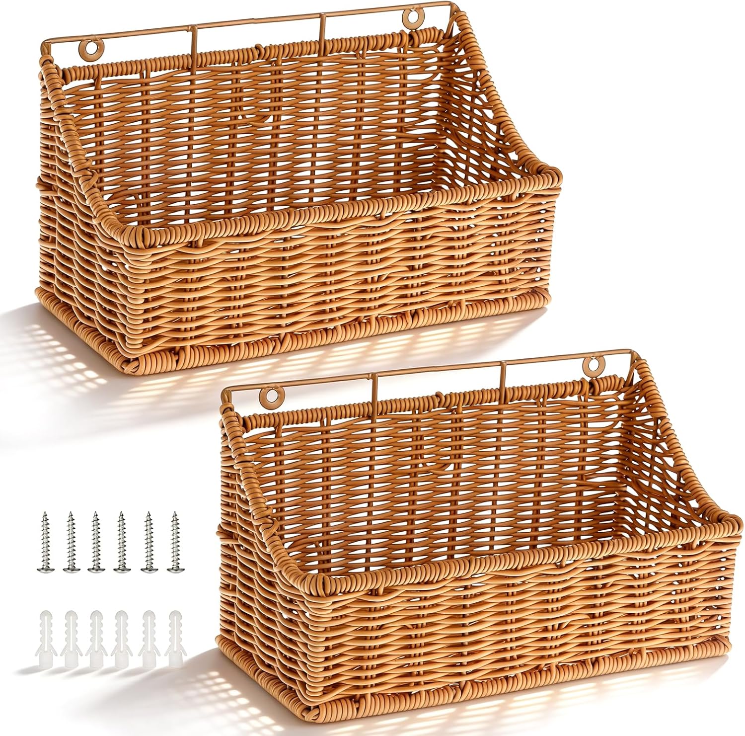 OwnMy 2PCS Plastic Wicker Hanging Basket Wall Mount Storage Baskets for Kitchen Organizing Fruit, Onion, Potato, Vegetable, Hanging Fruit Baskets for Kitchen Counter/Pantry/Cabinet