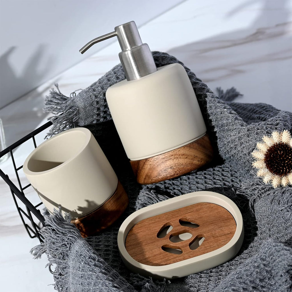 Bathroom Accessories Set 3 Piece Bath Ensemble Includes Soap Dispenser, Tumbler, Dish for Decorative Countertop & Housewarming Gift (Concrete with Acacia Wood)