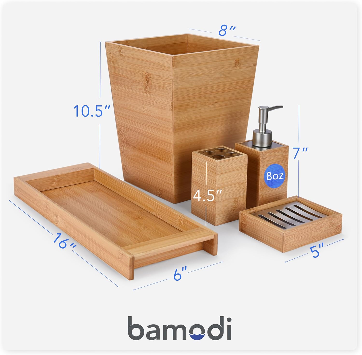 Bamodi Bamboo Bathroom Decor Set - 5-Piece Aesthetic Decorative Accessories for Restroom - 7x2.5X.2.5-Inch Set Includes Toiletry Box, Toothbrush Holder, Liquid Soap Dispenser, and Wooden Towel Tray