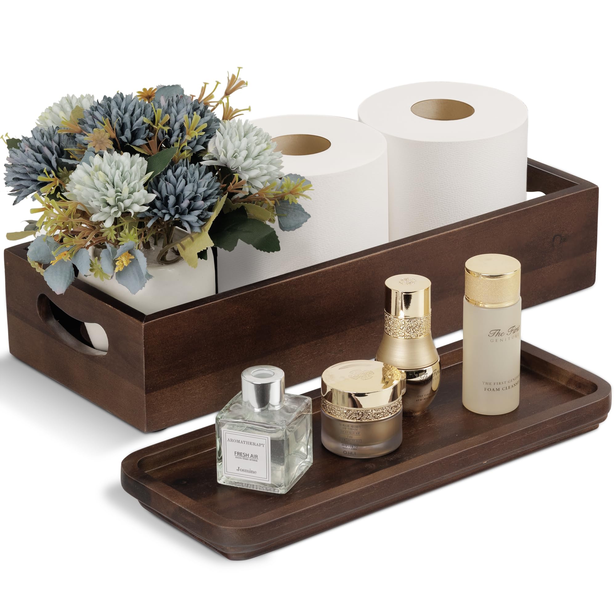 Handmade Toilet Tank Basket Topper & Vanity Tray Set of Natural Acacia Wood by DEMIGO, Created by Skilled Artisans, Smooth, Durable, Attractive Decor for Bathroom, Kitchen, Home, Spa