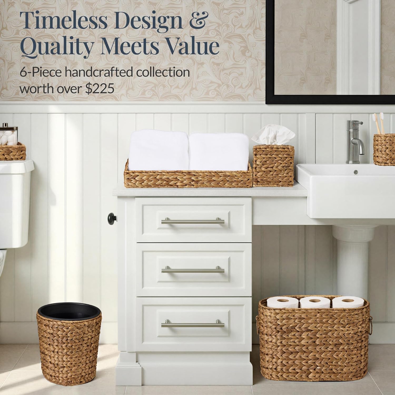 Best Choice Products 6PC Bathroom Accessories Set, Vanity Trays, qtip Canister, Square Tissue Box Cover, Small Wicker Trash Can, Toilet Paper Basket, Storage Organizer, Water Hyacinth - Chestnut