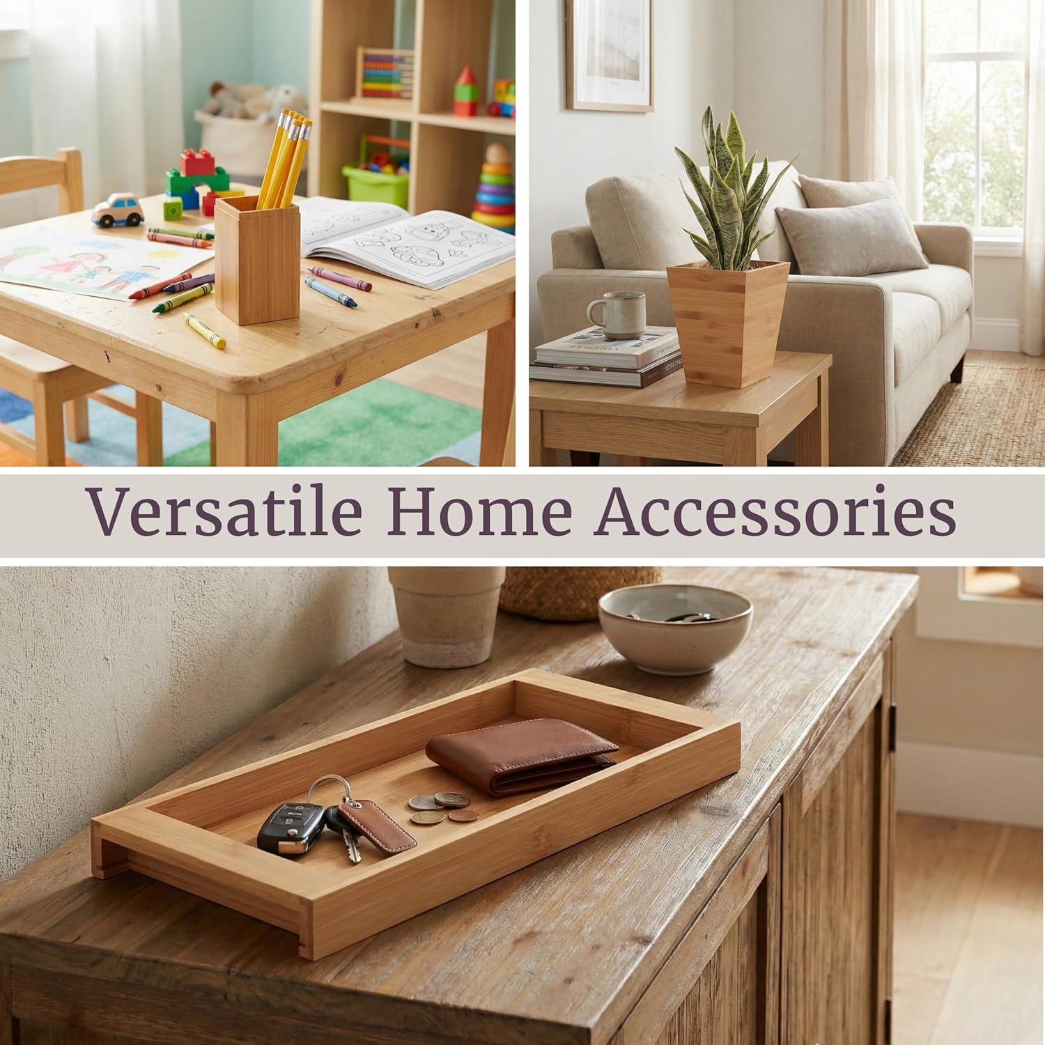 5-Piece Bathroom Decor Set - Bamboo Vanity Accessories with Trash Bin, Soap Dish, Soap Dispenser, Toothbrush Holder, and Tray by Lavish Home (Natural)