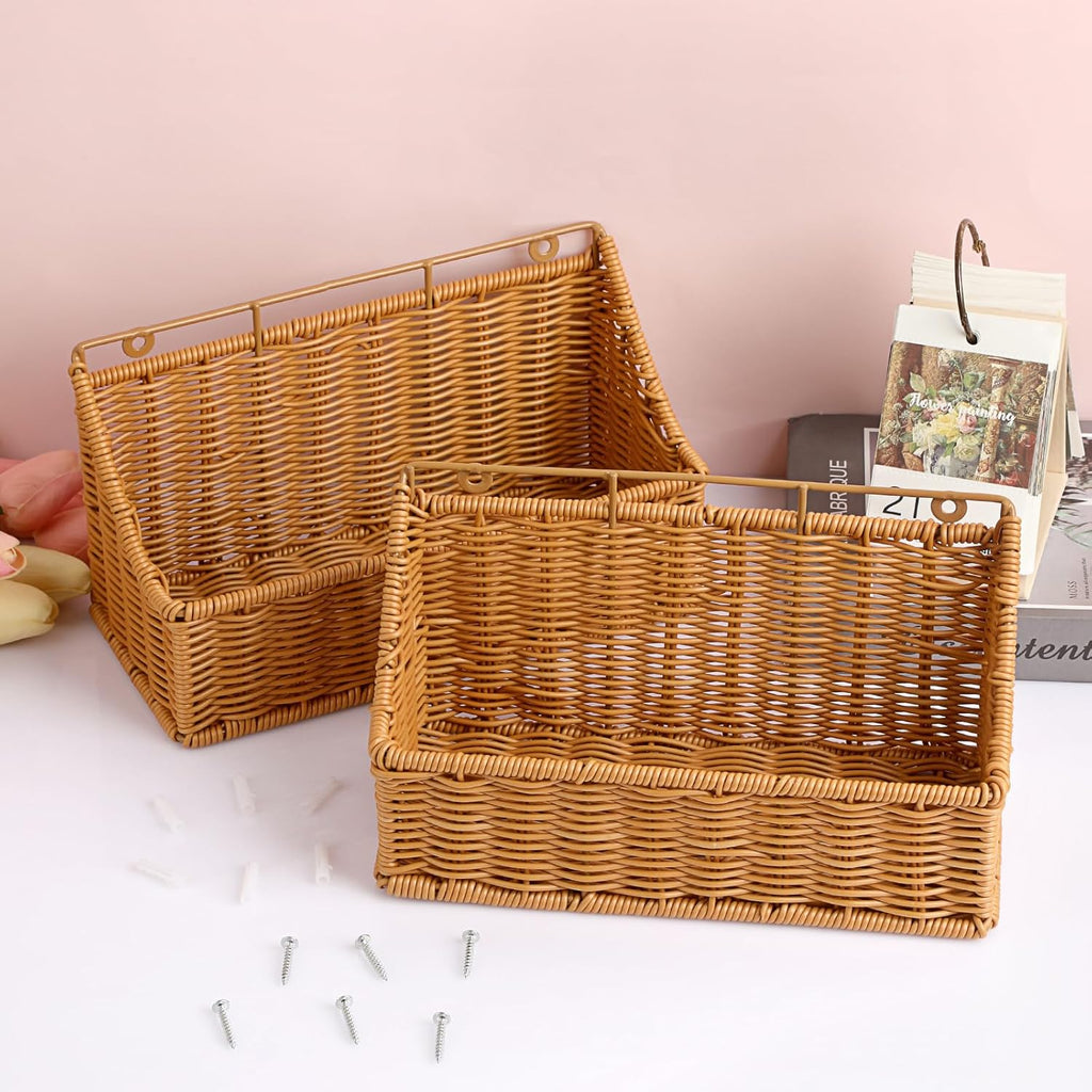 OwnMy 2PCS Plastic Wicker Hanging Basket Wall Mount Storage Baskets for Kitchen Organizing Fruit, Onion, Potato, Vegetable, Hanging Fruit Baskets for Kitchen Counter/Pantry/Cabinet