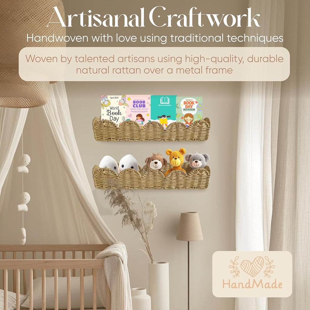 Rattan Nursery Book Shelf, Woven Scalloped wall Shelves, Wicker Hanging Storage Basket, Baby Room Bookshelf, Wall Mounted Natural Baskets Boho Home Decor, Set of 2