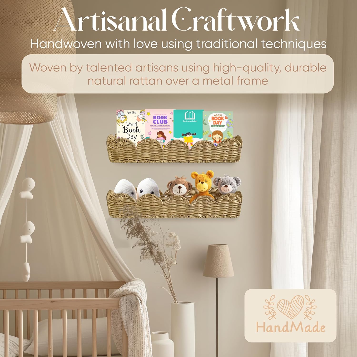 Rattan Nursery Book Shelf, Woven Scalloped wall Shelves, Wicker Hanging Storage Basket, Baby Room Bookshelf, Wall Mounted Natural Baskets Boho Home Decor, Set of 2