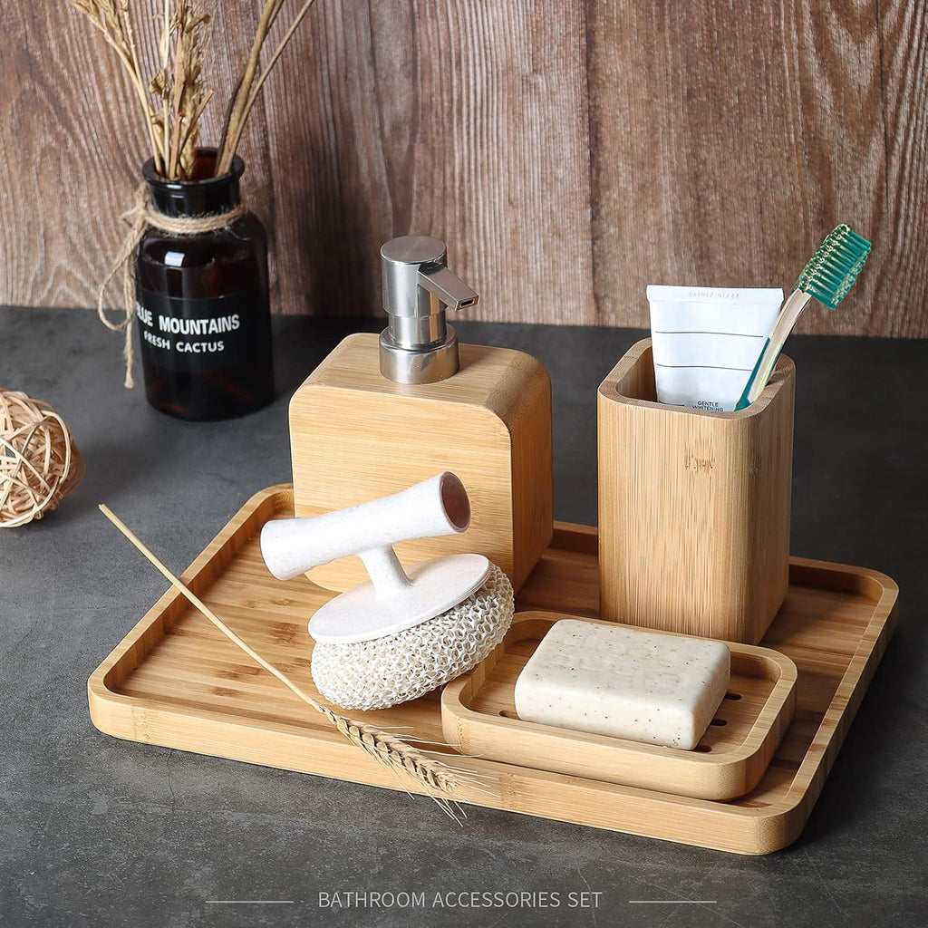 4Pcs Handmade Bamboo Sink & Bathroom Accessories Set Retro Set, Natural, Soap Dish Holder for Shower, Lotion Soap Dispenser, Mouthwash Cup, Rinse Cup, Organiser Tray for Hotel, House, Office