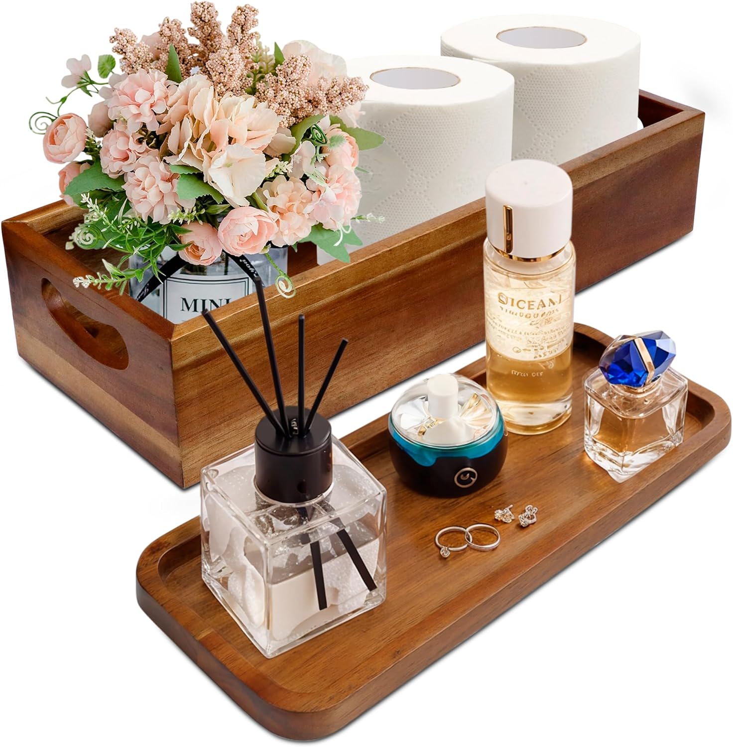 Handmade Toilet Tank Basket Topper & Vanity Tray Set of Natural Acacia Wood by DEMIGO, Created by Skilled Artisans, Smooth, Durable, Attractive Decor for Bathroom, Kitchen, Home, Spa