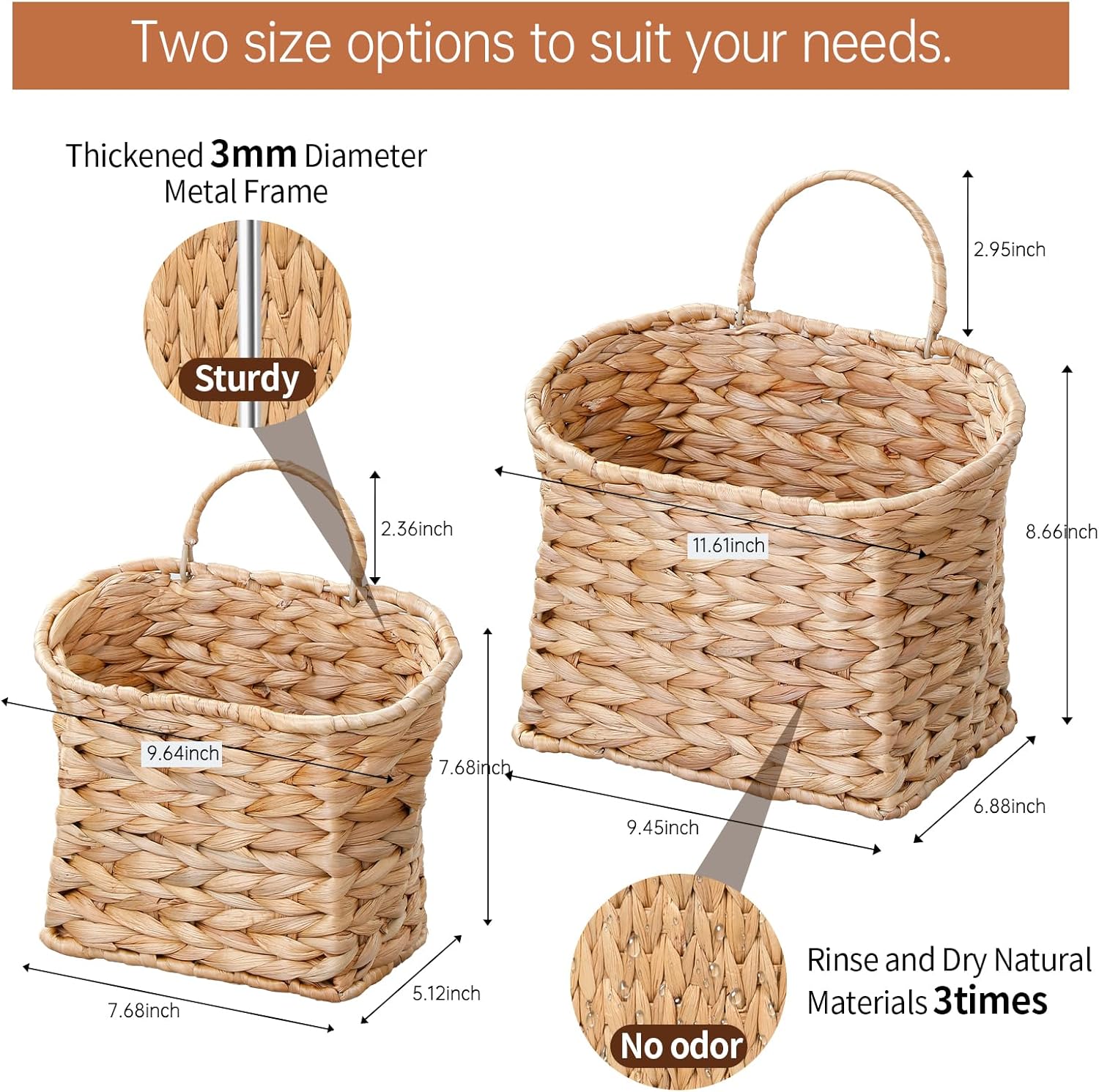 Coeusy Wicker Hanging Basket,Woven Hanging Wall Basket for Organizing and Decor,Natural Water Hyacinth Wall Mounted Storage Baskets for Farmhouse Home,Door,Entryway,Flower,Mail,Plant,Set of 2