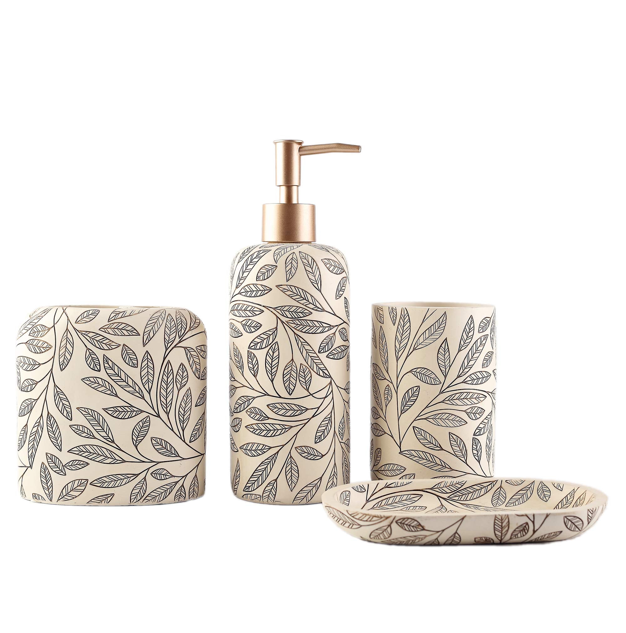 Hymmah Bathroom Accessories Set,Wooden Design Toothbrush Holder,Farmhouse Bathroom Decor,4 Pcs Resin Gift Set Apartment Necessities, Contain Toothbrush Cup,Soap Dispenser,Soap Dish,Tumbler