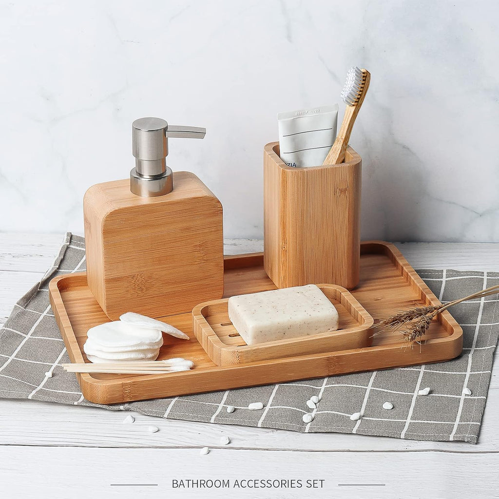 4Pcs Handmade Bamboo Sink & Bathroom Accessories Set Retro Set, Natural, Soap Dish Holder for Shower, Lotion Soap Dispenser, Mouthwash Cup, Rinse Cup, Organiser Tray for Hotel, House, Office