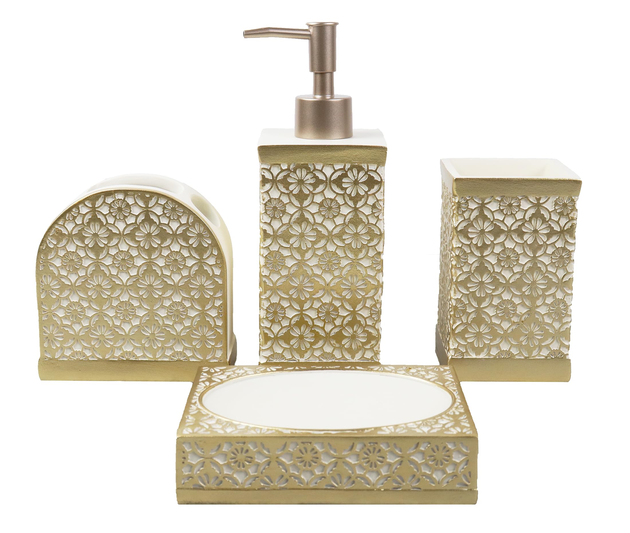 Hymmah Bathroom Accessories Set,Wooden Design Toothbrush Holder,Farmhouse Bathroom Decor,4 Pcs Resin Gift Set Apartment Necessities, Contain Toothbrush Cup,Soap Dispenser,Soap Dish,Tumbler